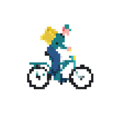 Pixel art cyclist with yellow backpack riding bicycle in a mosaic style illustration for delivery.