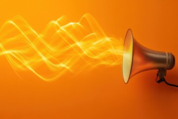 Sound waves radiate from a megaphone against a vibrant orange background in a dynamic visual display, Megaphone emits sound waves against orange background