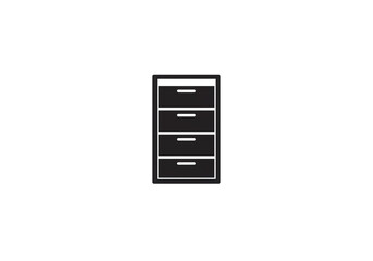 A minimalist illustration of a black cabinet with four drawers on a white background