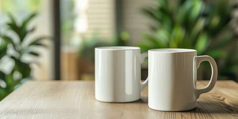 Two Blank White Coffee Mugs on Wooden Table Mockup with Green Background

