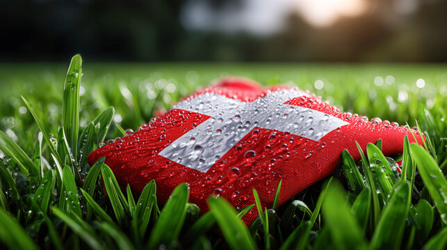 Swiss flag resting on lush green grass, adorned with droplets of water, symbolizing national pride and celebration during a festive occasion in a vibrant outdoor setting