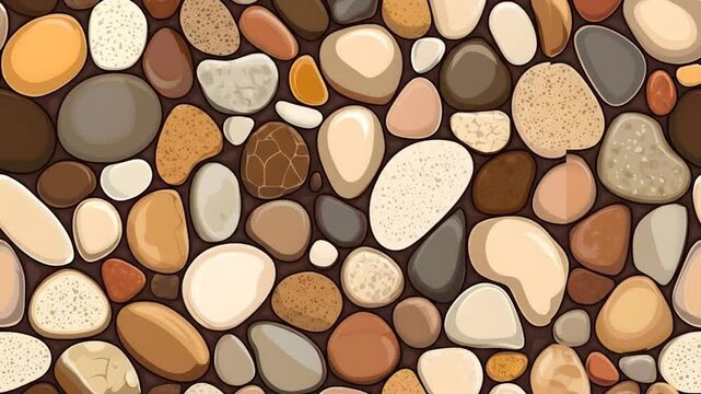 A seamless pattern of various rounded stones in shades of brown, beige, and orange.  Detailed textures and colors create a natural stone effect