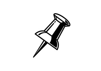 A black and white graphic illustration of a single push pin on a plain white background surface