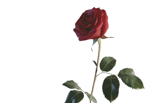 Single red rose with fresh green leaves representing romance and emotional expression isolated on transparent background PNG