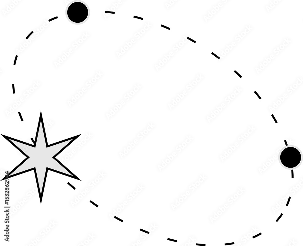 Poster orbital diagram is showing flat design on transparent layer, featuring dashed loop, star and nodes