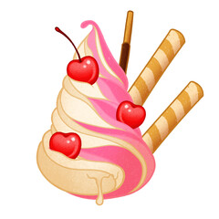 pink ice-cream swirl is showcasing cherries and wafer sticks in flat design, transparent backdrop