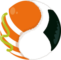 Flat design stylized sphere is showing fluffy peel with lime green squiggle, transparent background
