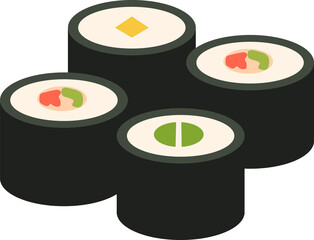 Four flat design sushi rolls are floating on transparent backdrop, showing assorted rice fillings