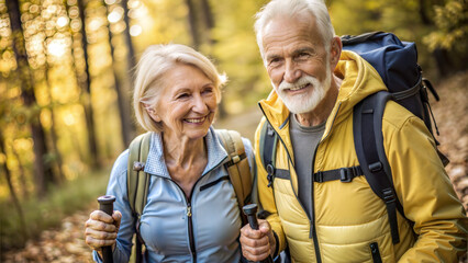 Joyful senior couple hiking together with trekking poles in a colorful autumn forest