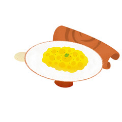 Yellow egg herb-topped is being shown in flat style on plate with napkin, transparent background