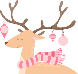 Cartoon-style reindeer head is wearing pink scarf with hanging ornaments, transparent background