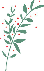 Curved green branch is displaying leaves and red berries in flat style, transparent background