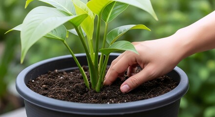 Hand Checking Soil Moisture in Pot
