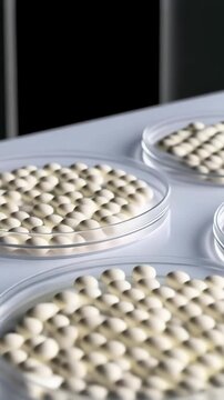 Petri dishes with cultivation of spheroidal cell colonies in laboratory setting, medical science, research and development in clear light