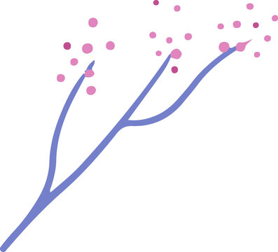 Stylized branch branching out in flat style showing cherry blossom buds on transparent background