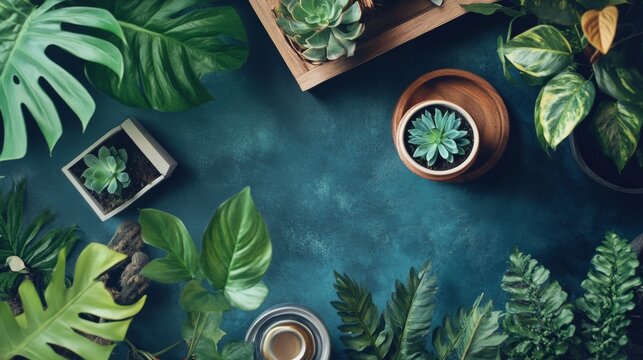 Botanical background leaves tropical green plant layout natural flatlay foliage modern desk workspace vibrant