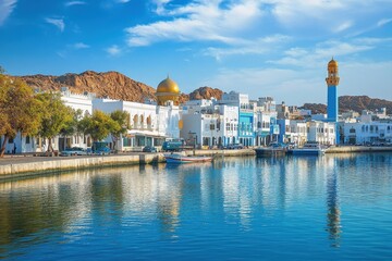 Fototapeta premium View of Sur city showcasing beautiful architecture and picturesque waterfront in Ash Sha, View of the city of Sur, the capital city of Ash Sharqiyah South Governorate in northeastern Oman