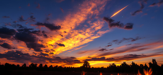 Fiery comet streaking through dramatic clouds at sunset with glowing embers