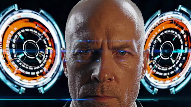 Bald analyst stares digital screen. Technology circles face glowing data. AI network pulses behind. Intelligence and business connect. Analyst reads innovation signals. Data drives virtual interface