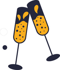 Champagne flutes are clinking in flat vector art with transparent background, yellow bubbly liquid