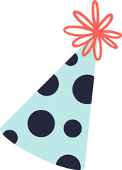 Festive party hat is floating on transparent background, featuring blue dots and orange ribbons