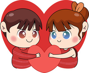 Cartoon kids are holding red heart while heart frame is surrounding them on transparent background