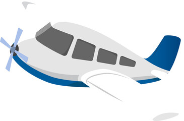 Small propeller airplane is floating in flat design showing cabin windows on transparent background