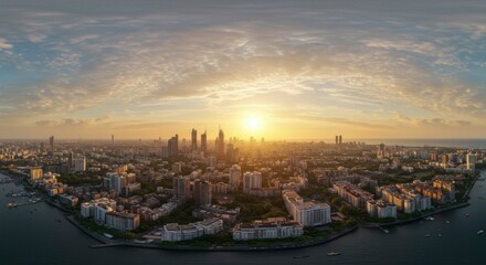 Fototapeta premium Panoramic city view at sunrise over the water