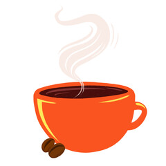 Steaming orange mug is floating on transparent background in flat design with dark coffee, beans