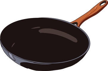 Flat design frying pan floating on transparent background, highlighting wooden handle and metal rim