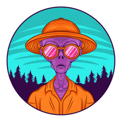 Purple alien is wearing orange hat, shirt, shades in vector forest circle transparent background