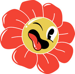 Cartoon flower is winking with red petals and playful face in flat design on transparent background