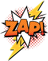 Pop art style ZAP! text is popping on transparent canvas, with starburst and lightning bolts