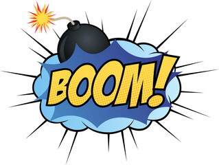 Comic blast is showing bomb behind blue bubble, BOOM! halftone speed lines, transparent background