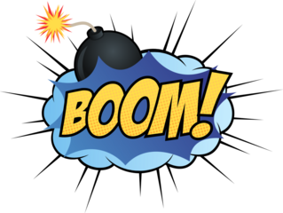Comic blast is showing bomb behind blue bubble, BOOM! halftone speed lines, transparent background