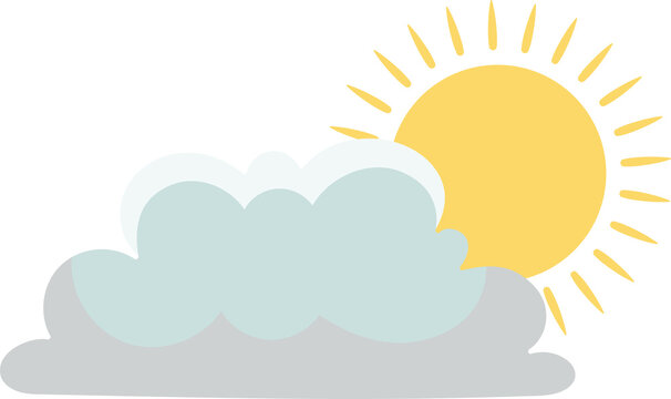 Naklejki Stylized sun is partially hiding behind cloud in flat style, with yellow rays on clear background