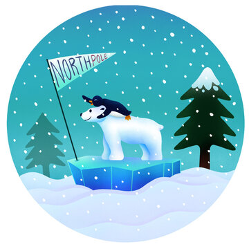 Flat polar bear is carrying penguin on iceberg under North-Pole flag on transparent background