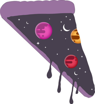 Naklejki Cosmic pizza slice is floating on transparent background showing purple crust, sauce, space motifs