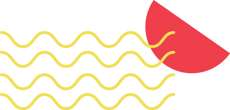 Naklejki Flat abstract half sun is showing red semicircle, five yellow wavy lines on transparent background
