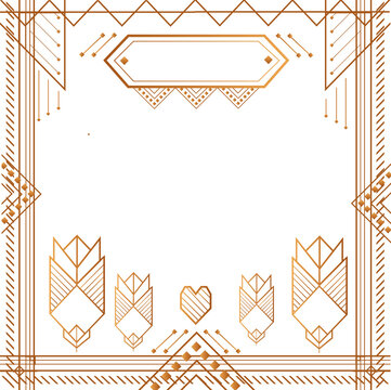 Fototapeta Art deco golden frame is showing tulip and arrow motifs, blank plaque, clear background, copy space