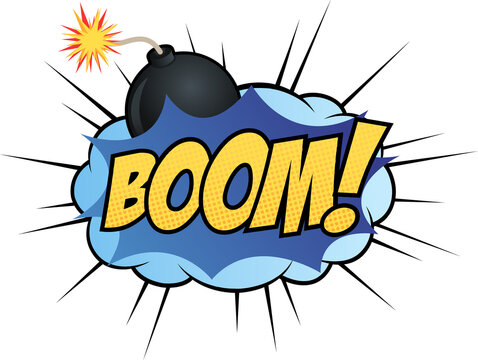 Comic blast is showing bomb behind blue bubble, BOOM! halftone speed lines, transparent background
