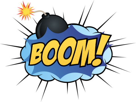 Comic blast is showing bomb behind blue bubble, BOOM! halftone speed lines, transparent background