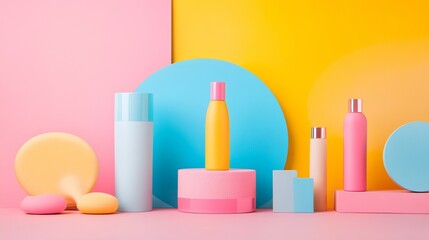 Cosmetic products display pastel background colorful bottles minimal skincare container packaging studio vibrant beauty clean