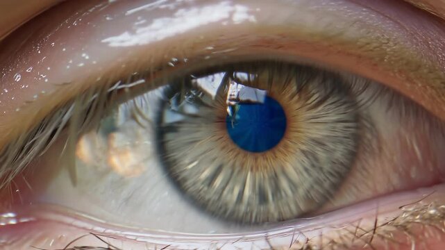 Stunning macro view of human eye showing intricate golden-brown iris patterns with blue pupil and natural eyelashes creating mesmerizing detailed biological structure with perfect clarity