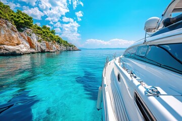 Obraz premium Elegant boat sailing in the clear waters of the Mediterranean under bright summer sunlight, Stylish boat in sunlight of Mediterranean Summer vacation in Greece Zakynthos