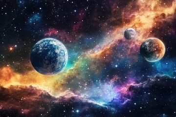 Explore vibrant cosmic realms with celestial bodies against a colorful nebula backdrop, Vibrant cosmic scene with celestial bodies