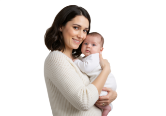 A woman gently cradles a baby in her arms, smiling down at the child, PNG format.