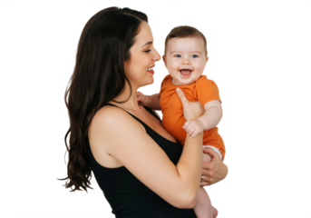 A smiling mother holds a baby in her arms, radiating warmth and joy on a transparent background, PNG format.  