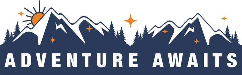 Showing flat mountains with rising orange sun and ADVENTURE AWAITS slogan, transparent background