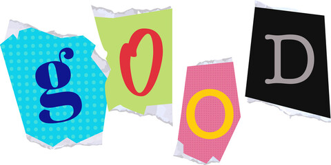 Flat design composition showing colorful torn paper scraps spelling good on transparent background